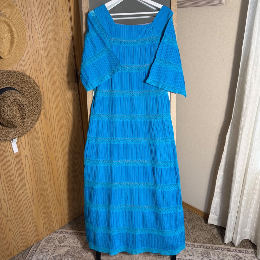 Vintage Suzanna Mexico Turquoise Cotton Maxi Dress Boho Lace Bell Sleeve CH (S)